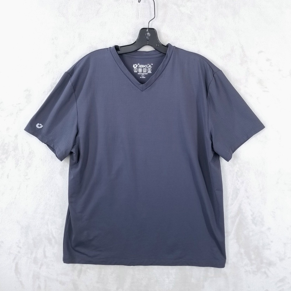 IBKUL T-Shirt Mens L V-Neck Gray Performance UPF 50+ Short Sleeve‎ Gym Training